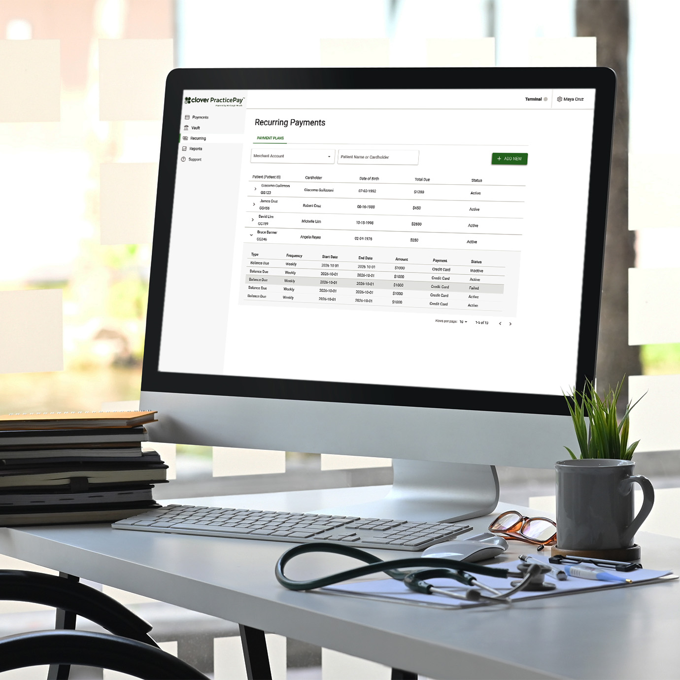 PracticePay recurring payments dashboard on a computer